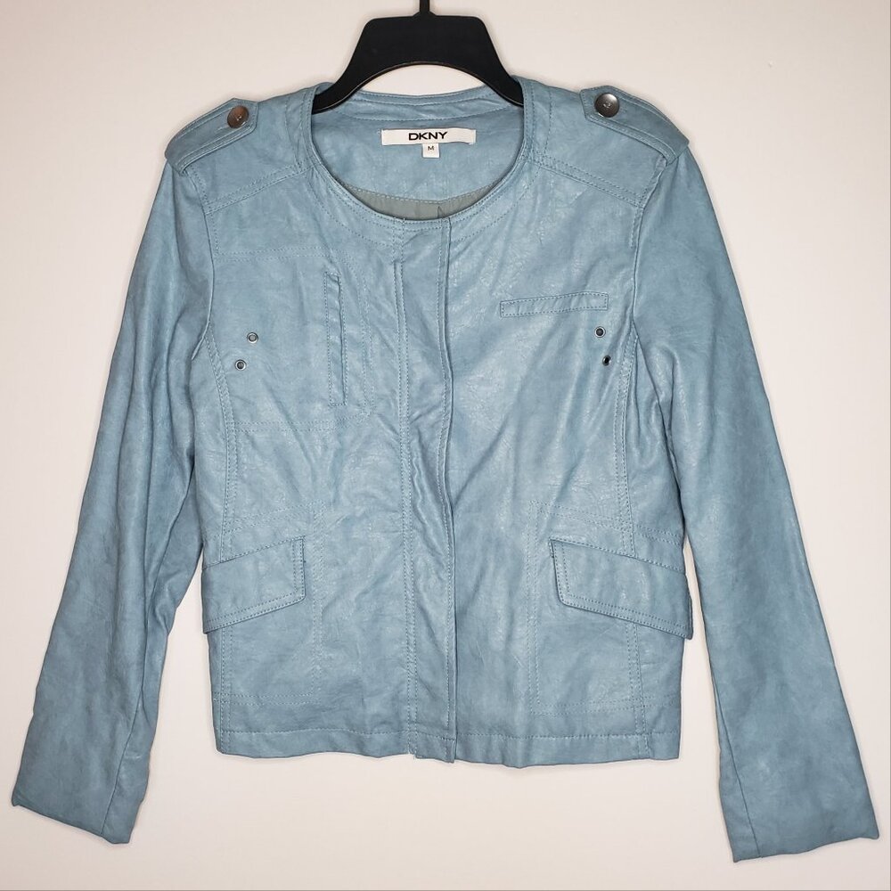 DKNY Faux Leather Jacket Light Blue Zip Front Women Size M Vintage Rare